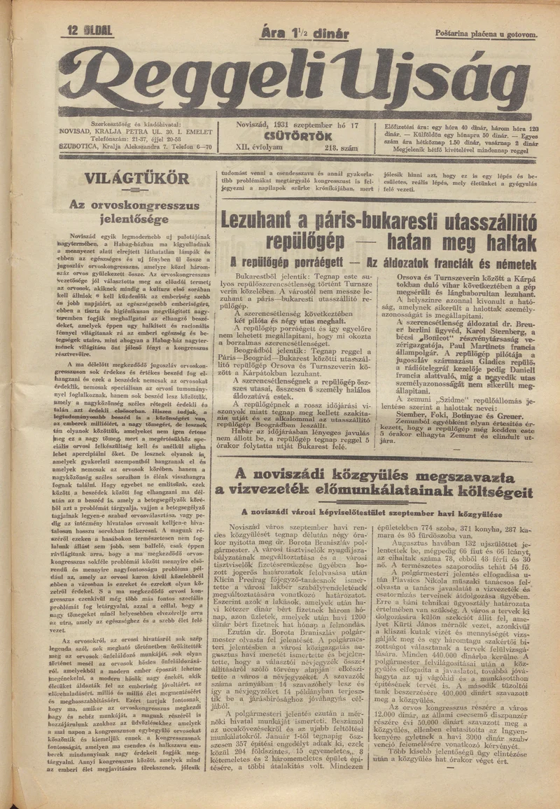 Reggeli Újság, 12. évf. 1931. szeptember 17. 218. sz.