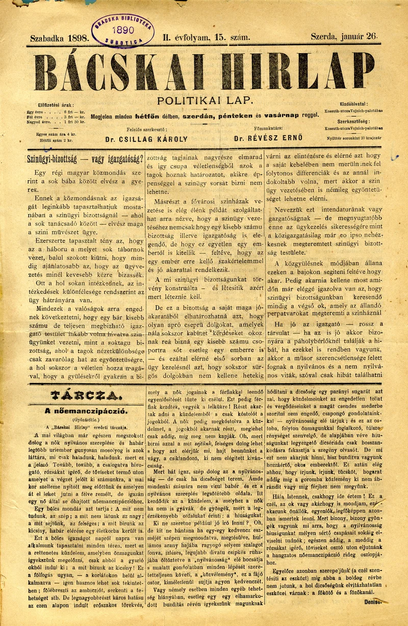 Bácskai Hirlap, 2. évf. 1898. január 26. 15. sz. 1–4. oldal