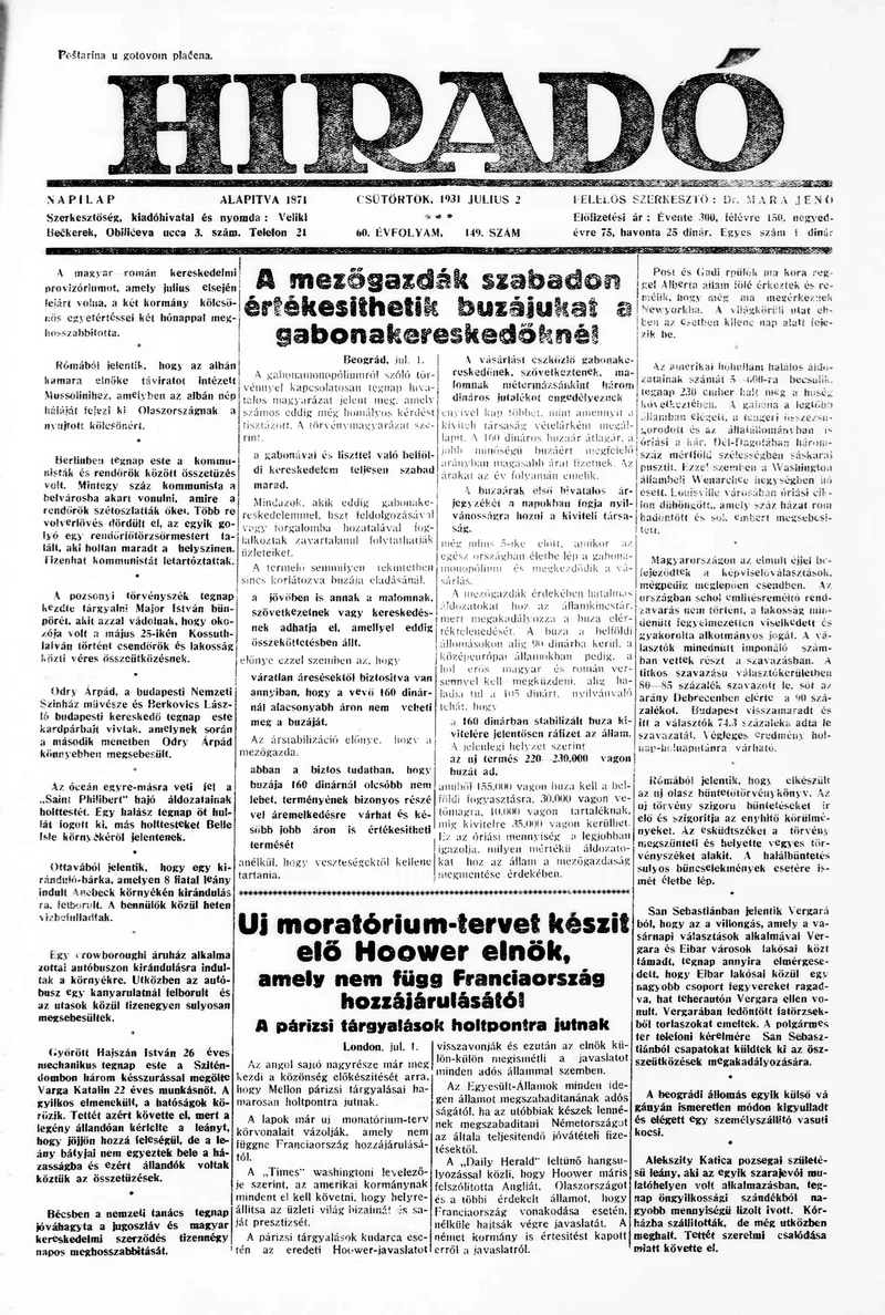 Híradó, 60. évf. 1931. július 2. 149. sz.