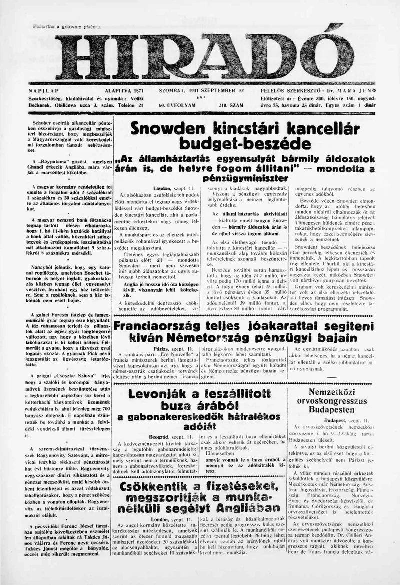 Híradó, 60. évf. 1931. szeptember 12. 210. sz.
