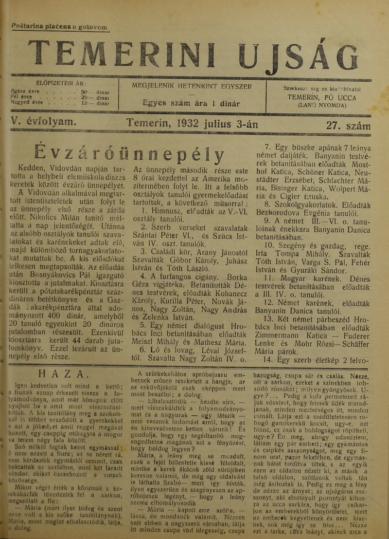 Temerini Újság 1928-1944, 5. évf. 1932. július 3. 27. sz.