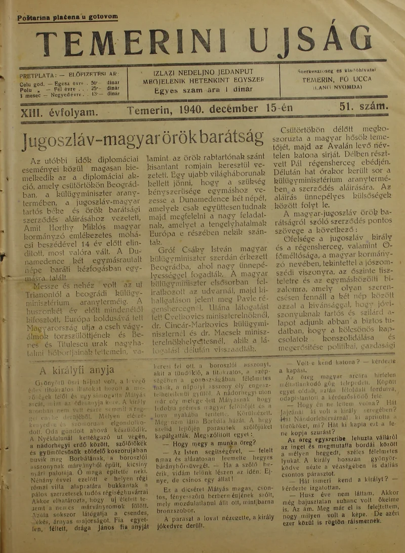 Temerini Újság 1928-1944, 13. évf. 1940. december 15. 51. sz.