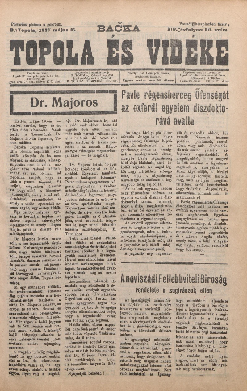 Bačka Topola és Vidéke, 14. évf. 1937. május 16. 20. sz.