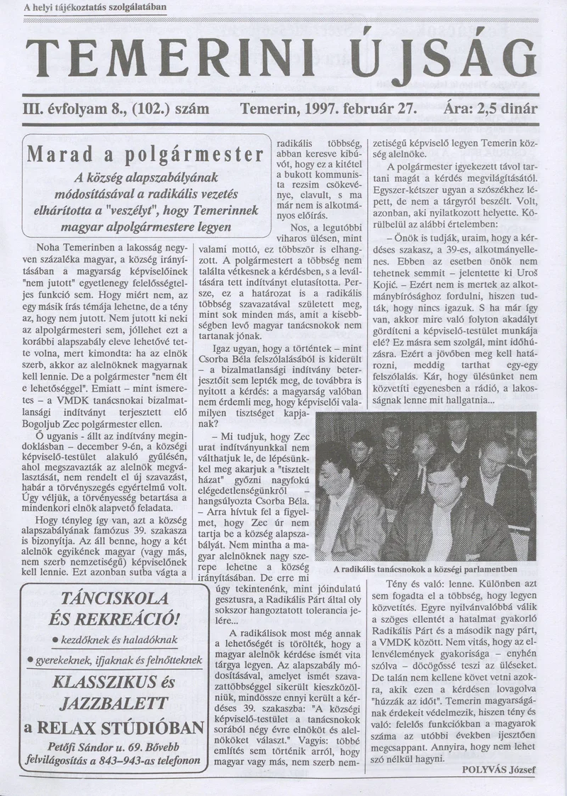 Temerini Újság, 3. évf. 1997. február 27. 8. sz.