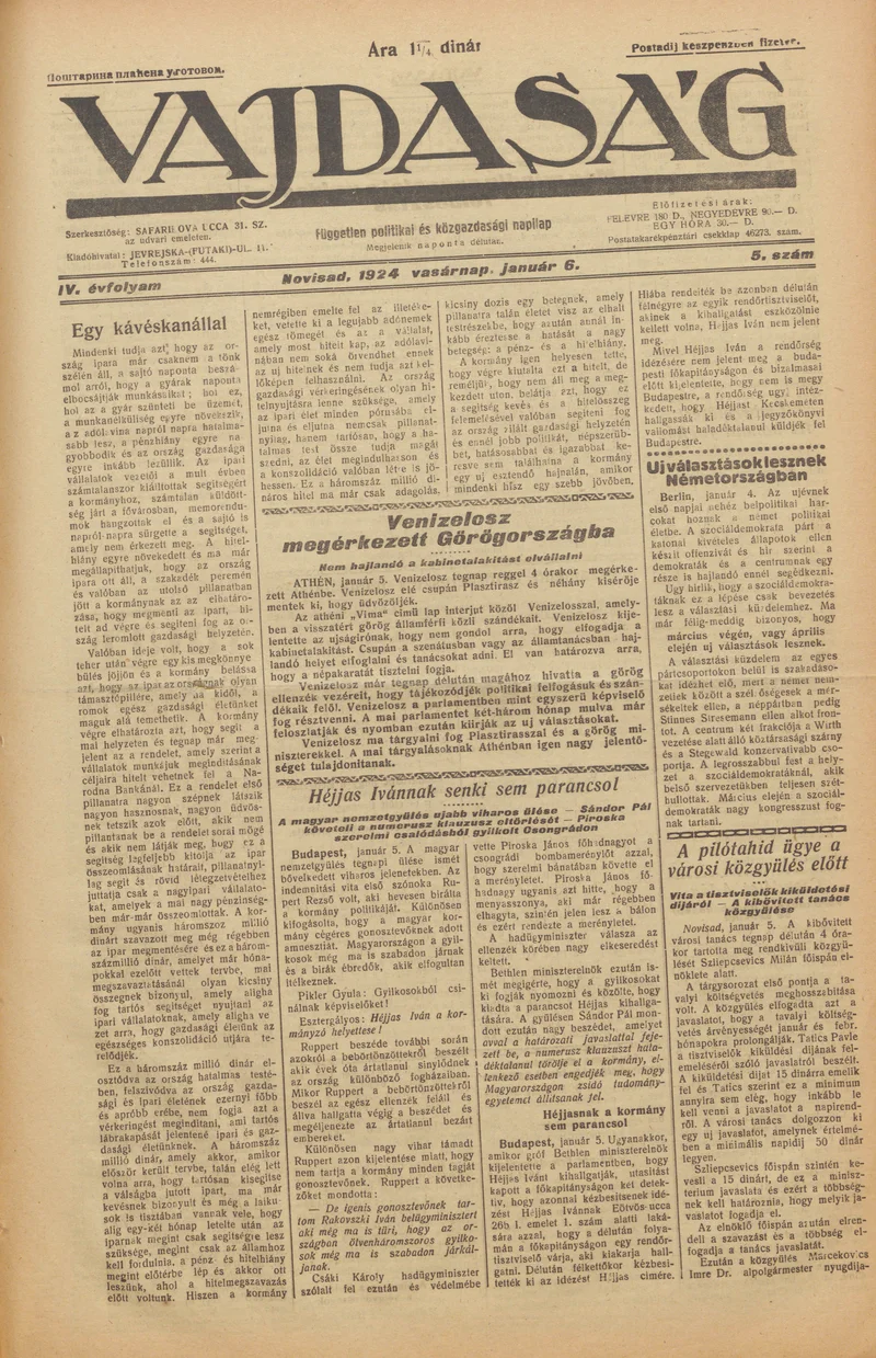 Vajdaság, 4. évf. 1924. január 6. 5. sz.