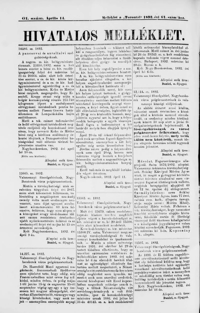 A Totontál  hivatalos melléklete, 5. évf. 1892. április 14. 61. sz.