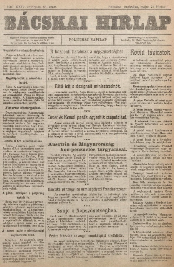 Bácskai Hirlap, 24. évf. 1920. május 21. 68. sz.