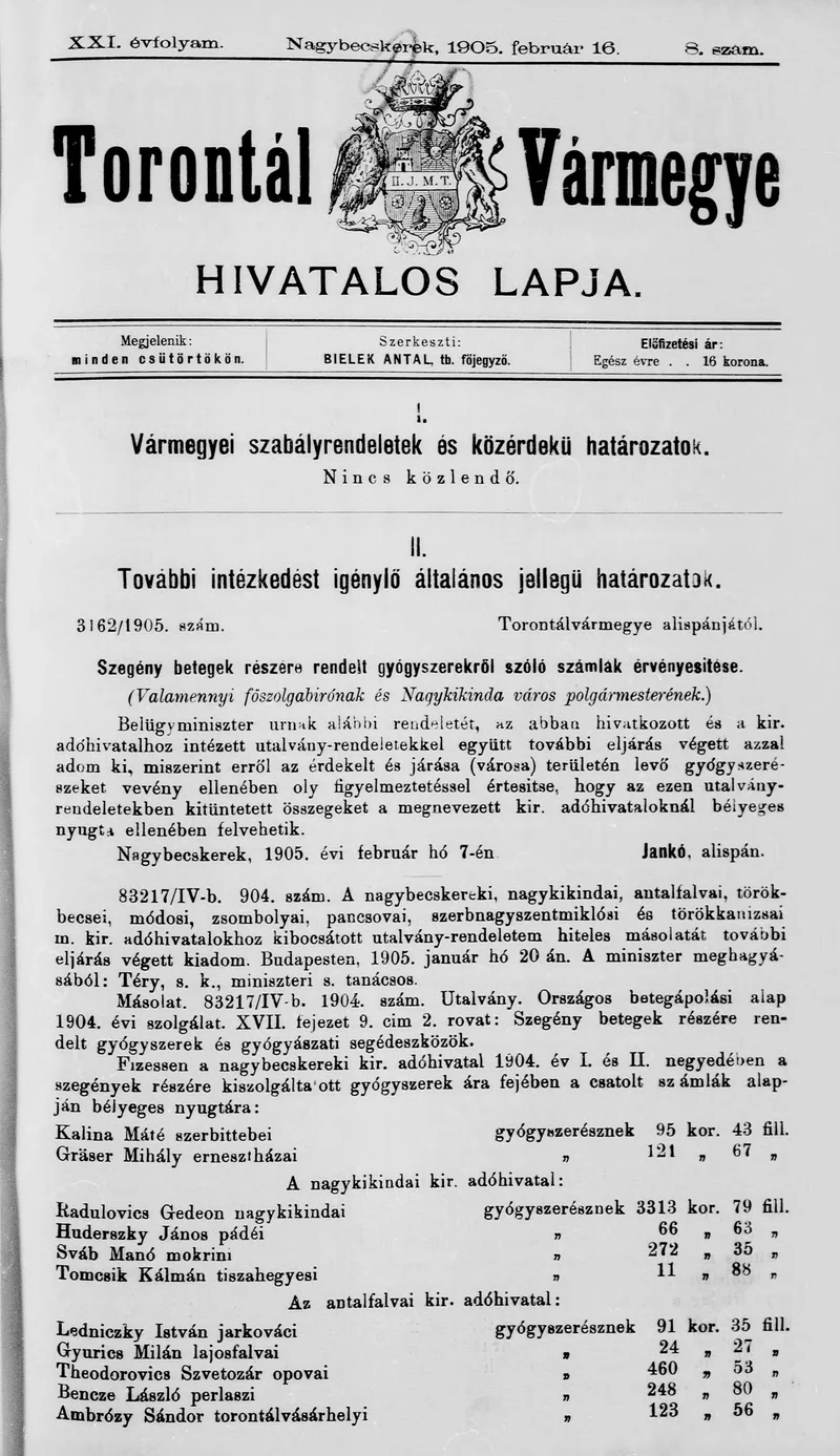 Torontál Vármegye Hivatalos Lapja, 21. évf. 1905. február 16. 8. sz.