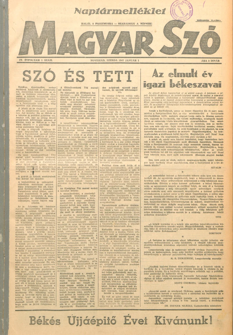 Magyar Szó, 4. évf. 1947. január 1. 1. sz. 1–8. oldal