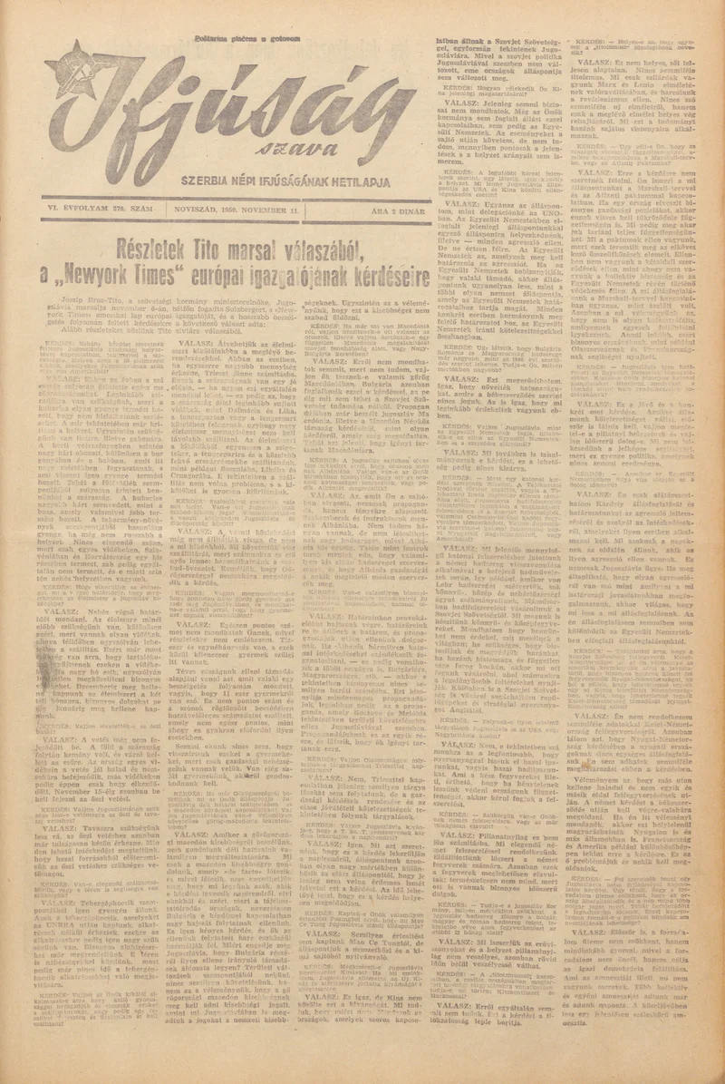 Ifjúság Szava, 6. évf. 1950. november 11. 270. sz.