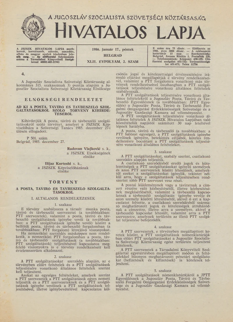 A Jugoszláv Szocialista Szövetségi Köztársaság Hivatalos Lapja, 42. évf. 1986. január 17. 2. sz. 13–52. oldal