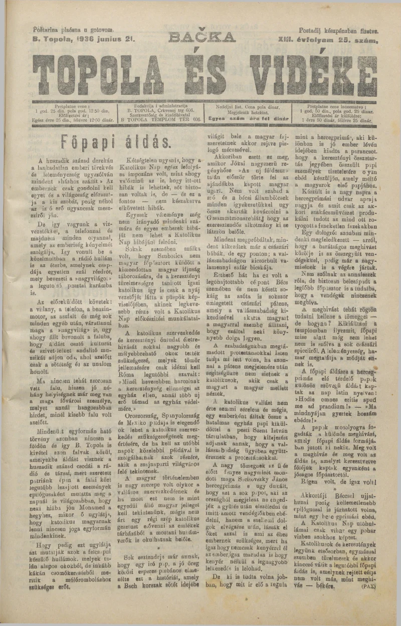 Bačka Topola és Vidéke, 13. évf. 1936. június 21. 25. sz.