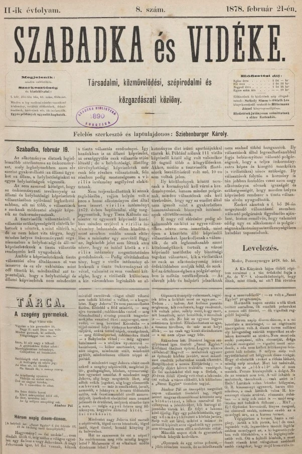 Szabadka és vidéke, 2. évf. 1878. február 21. 8. sz.