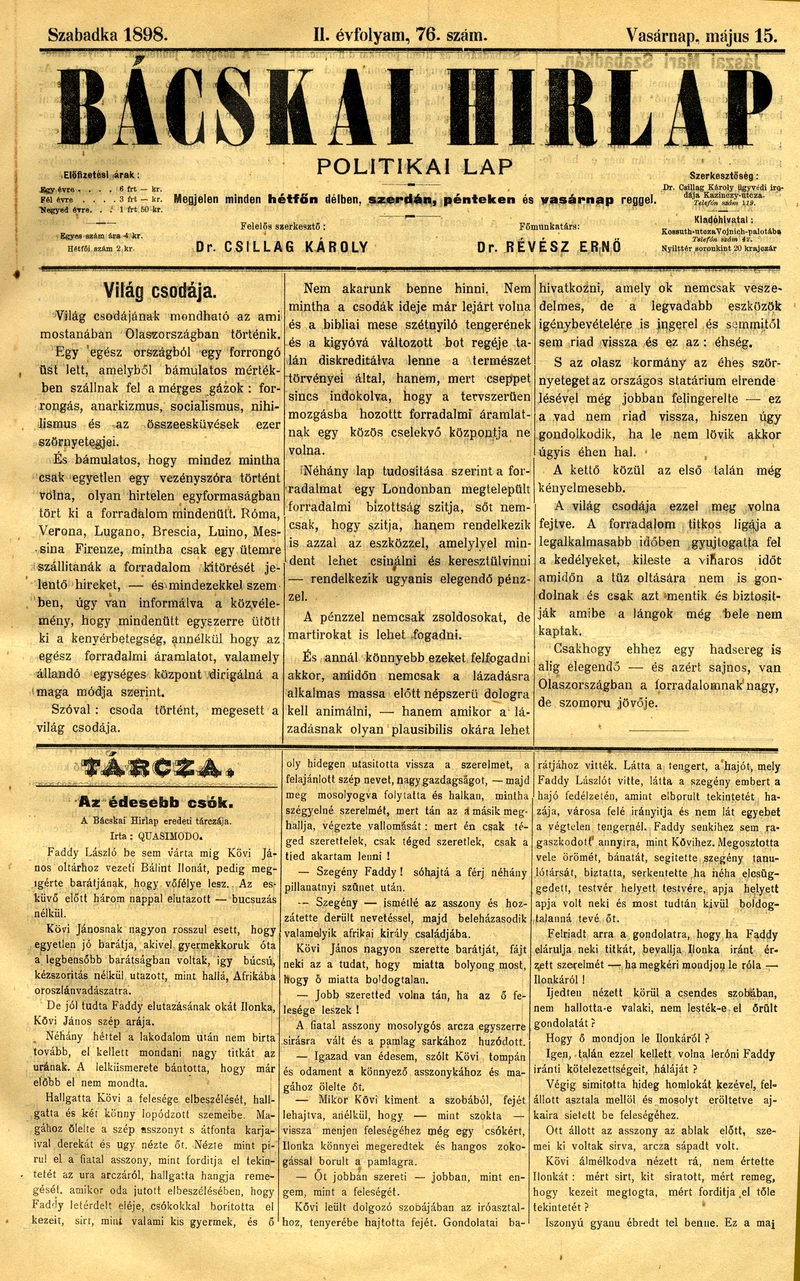 Bácskai Hirlap, 2. évf. 1898. május 15. 76. sz. 1–4. oldal