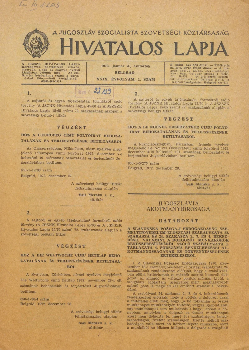 A Jugoszláv Szocialista Szövetségi Köztársaság Hivatalos Lapja, 29. évf. 1973. január 4. 1. sz. 1–4. oldal