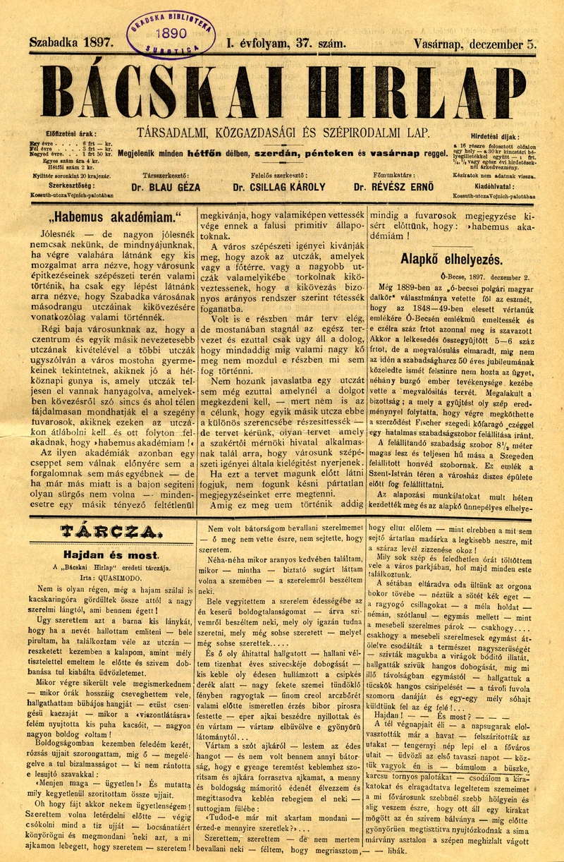 Bácskai Hirlap, 1. évf. 1897. december 5. 37. sz. 1–4. oldal