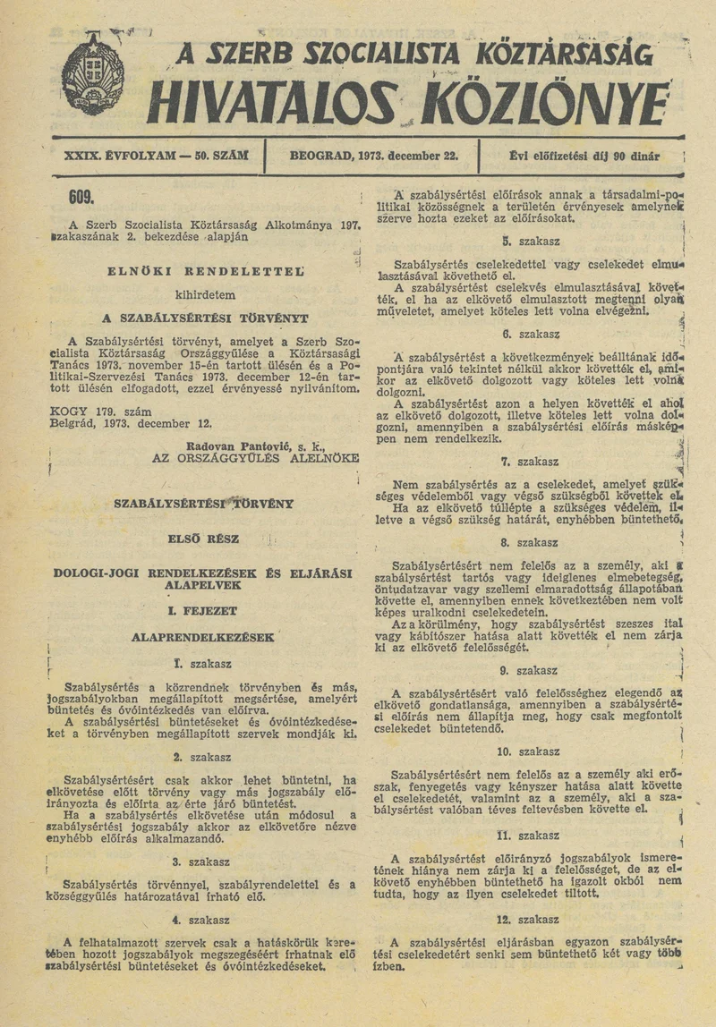 A Szerb Szocialista Köztársaság Hivatalos Közlönye, 29. évf. 1973. december 22. 50. sz. 1481–1503. oldal