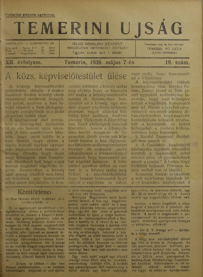Temerini Újság 1928-1944, 12. évf. 1939. május 7. 19. sz.
