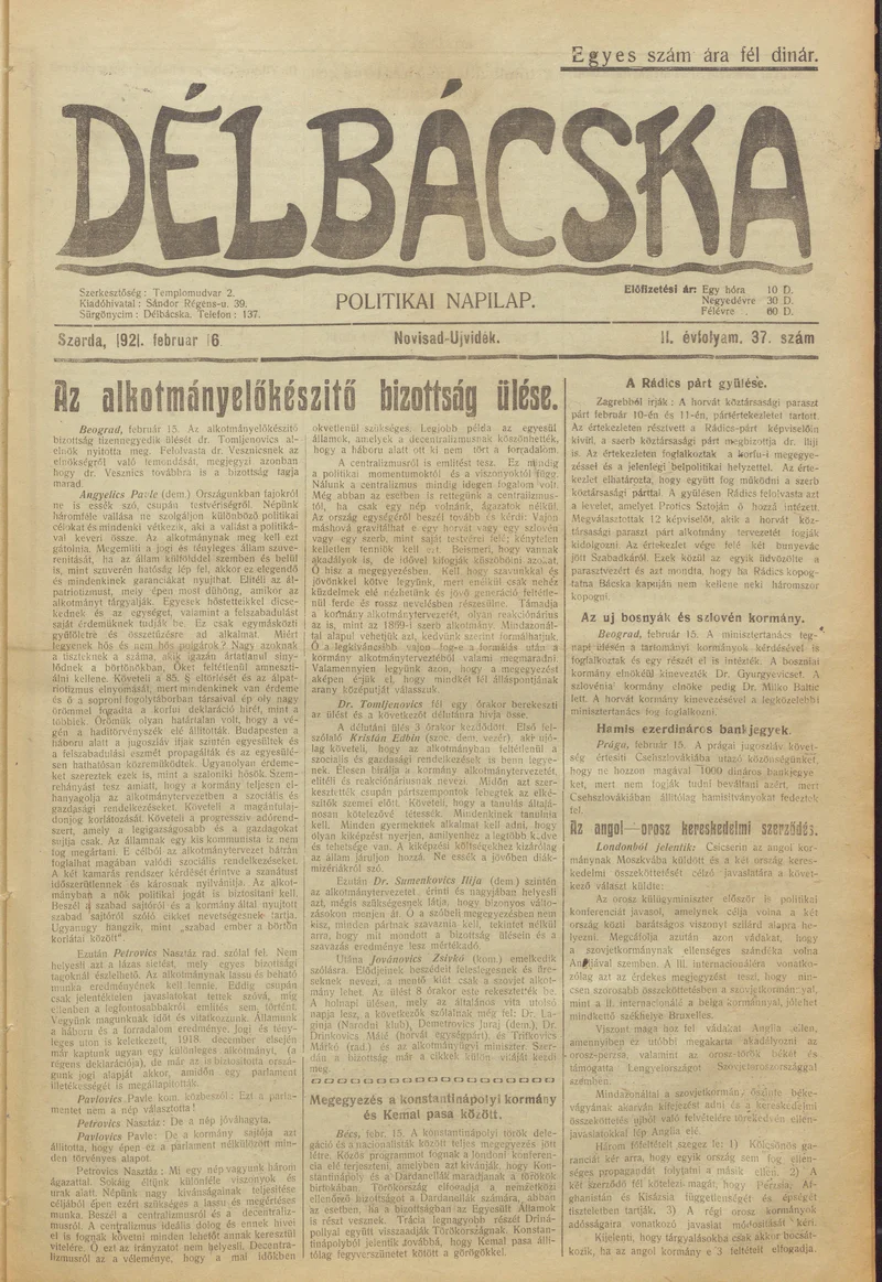 Délbácska, 2. évf. 1921. február 16. 37. sz.