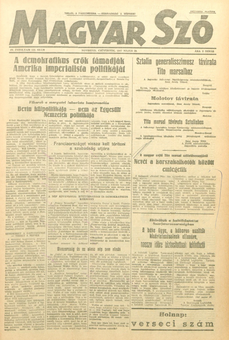 Magyar Szó, 4. évf. 1947. május 29. 133. sz. 1–6. oldal