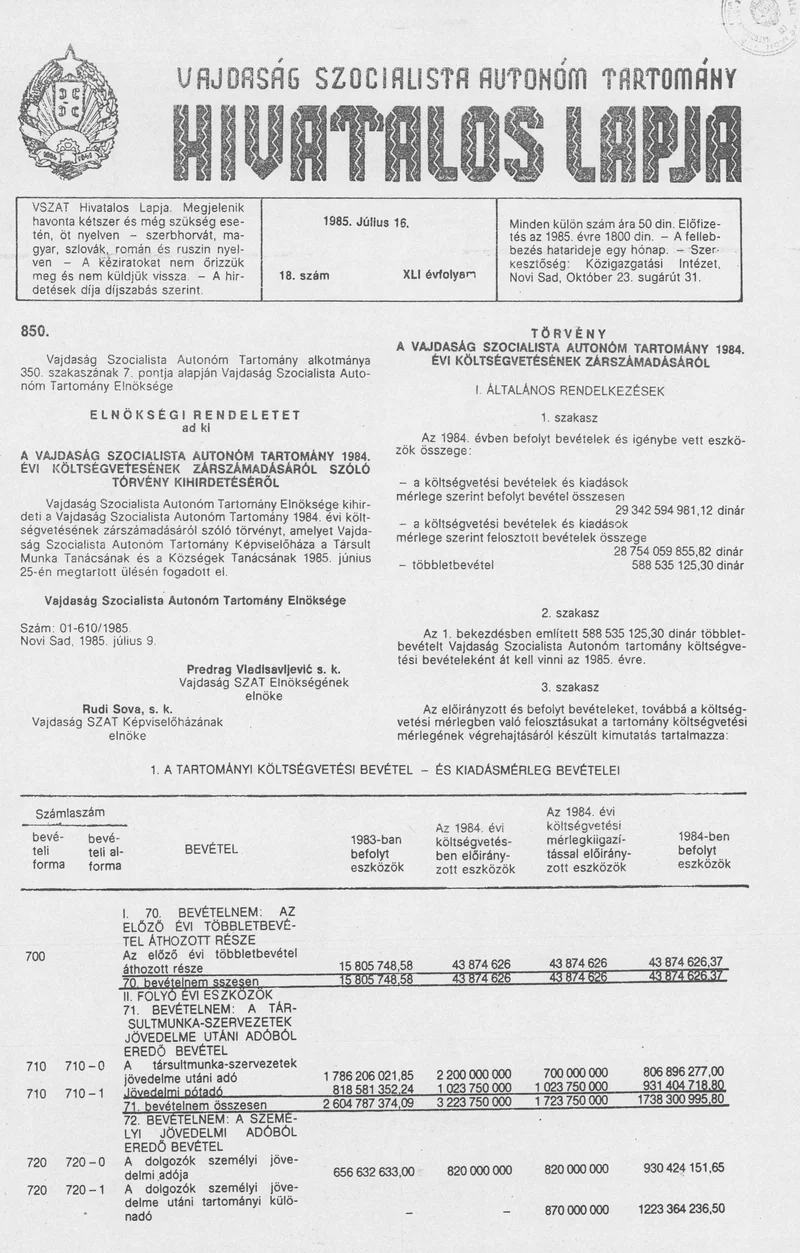 Vajdaság Szocialista Autonóm Tartomány Hivatalos Lapja, 41. évf. 1985. július 16. 18. sz.