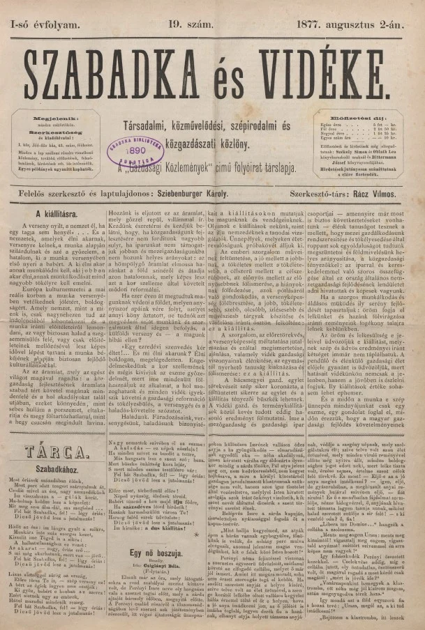 Szabadka és vidéke, 1. évf. 1877. augusztus 2. 19. sz.