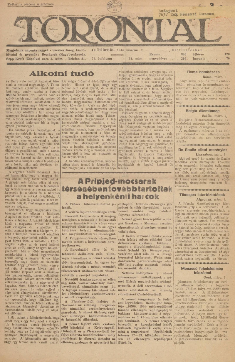 Torontál, 73. évf. 1944. március 2. 51. sz.