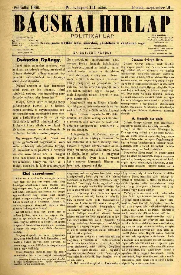 Bácskai Hirlap, 4. évf. 1900. szeptember 21. 141. sz.