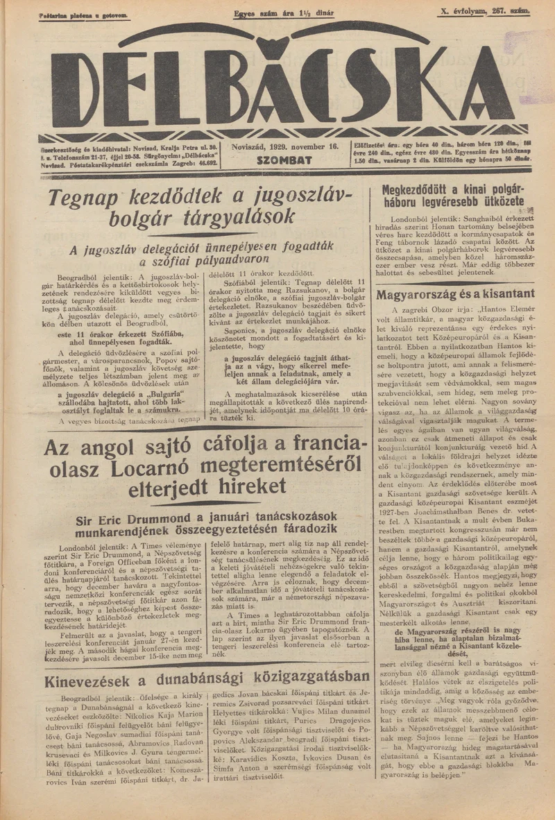 Délbácska, 10. évf. 1929. november 16. 267. sz.