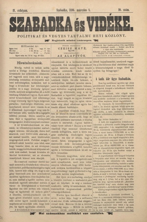 Szabadka és vidéke II, 4. évf. 1896. március 8. 10. sz.