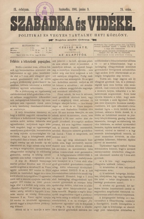 Szabadka és vidéke II, 9. évf. 1901. június 9. 24. sz.