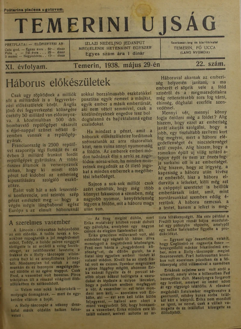 Temerini Újság 1928-1944, 11. évf. 1938. május 29. 22. sz.