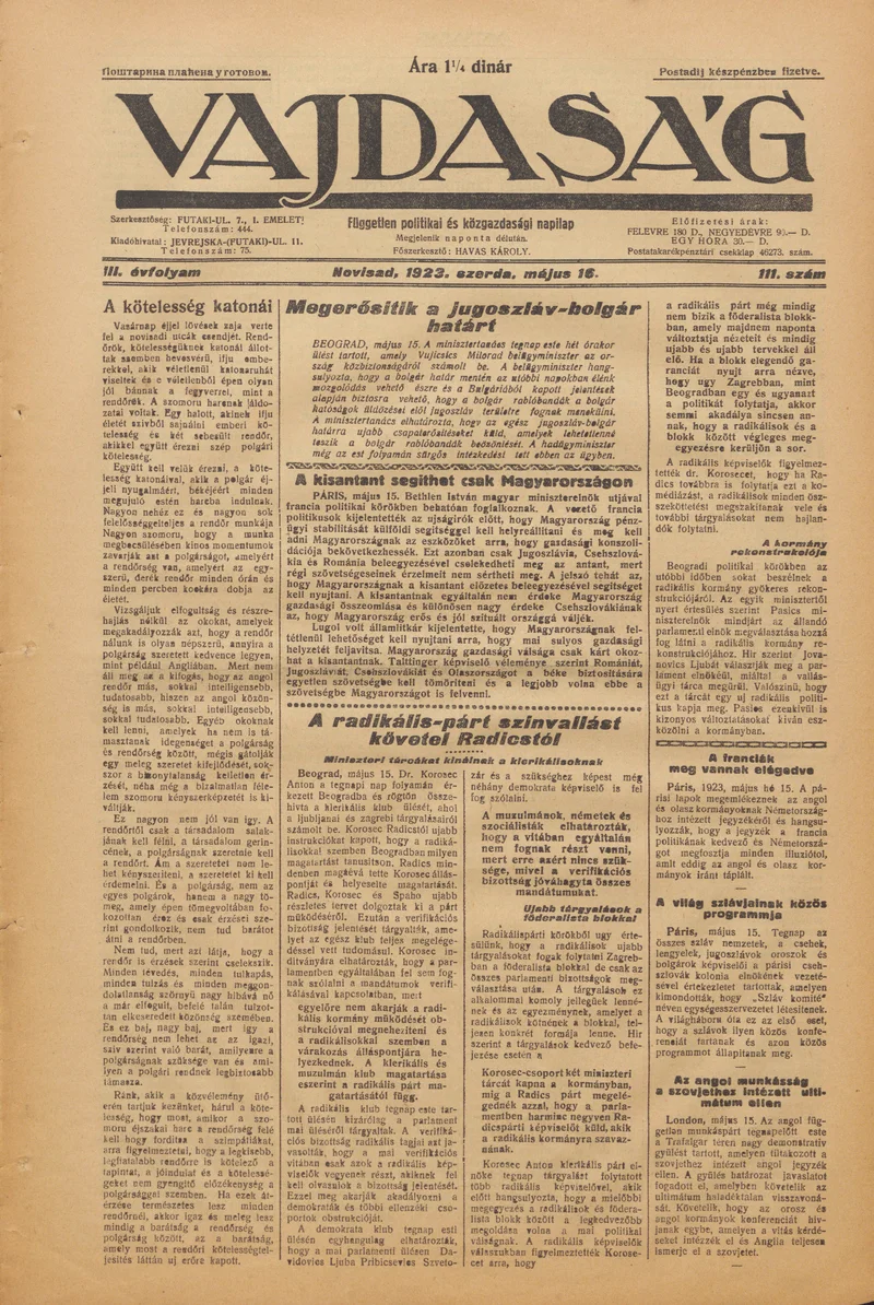Vajdaság, 3. évf. 1923. május 16. 111. sz.