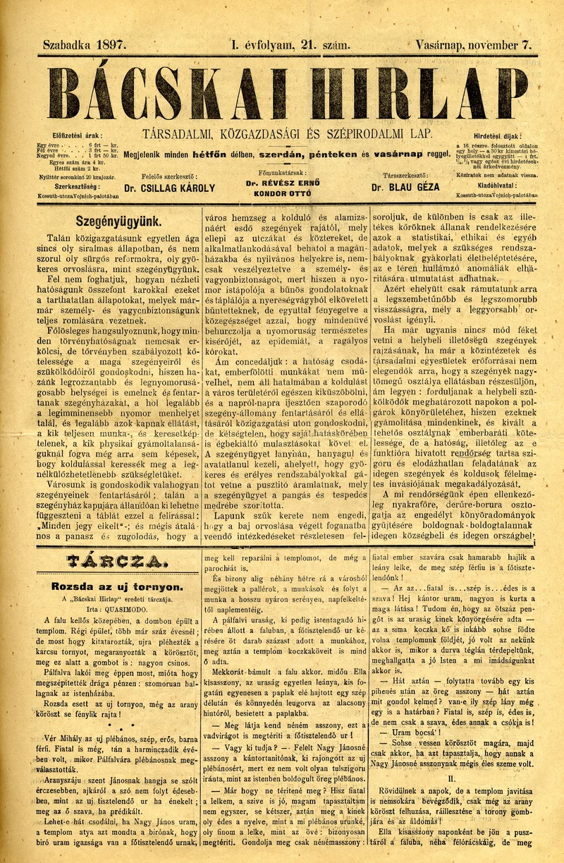 Bácskai Hirlap, 1. évf. 1897. november 7. 21. sz. 1–4. oldal