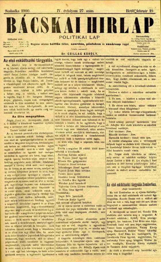 Bácskai Hirlap, 4. évf. 1900. február 19. 27. sz.