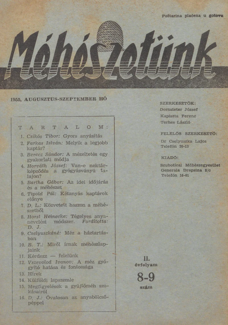 Méhészetünk, 2. évf. 1955. augusztus 1. – szeptember 1. 8–9. sz.