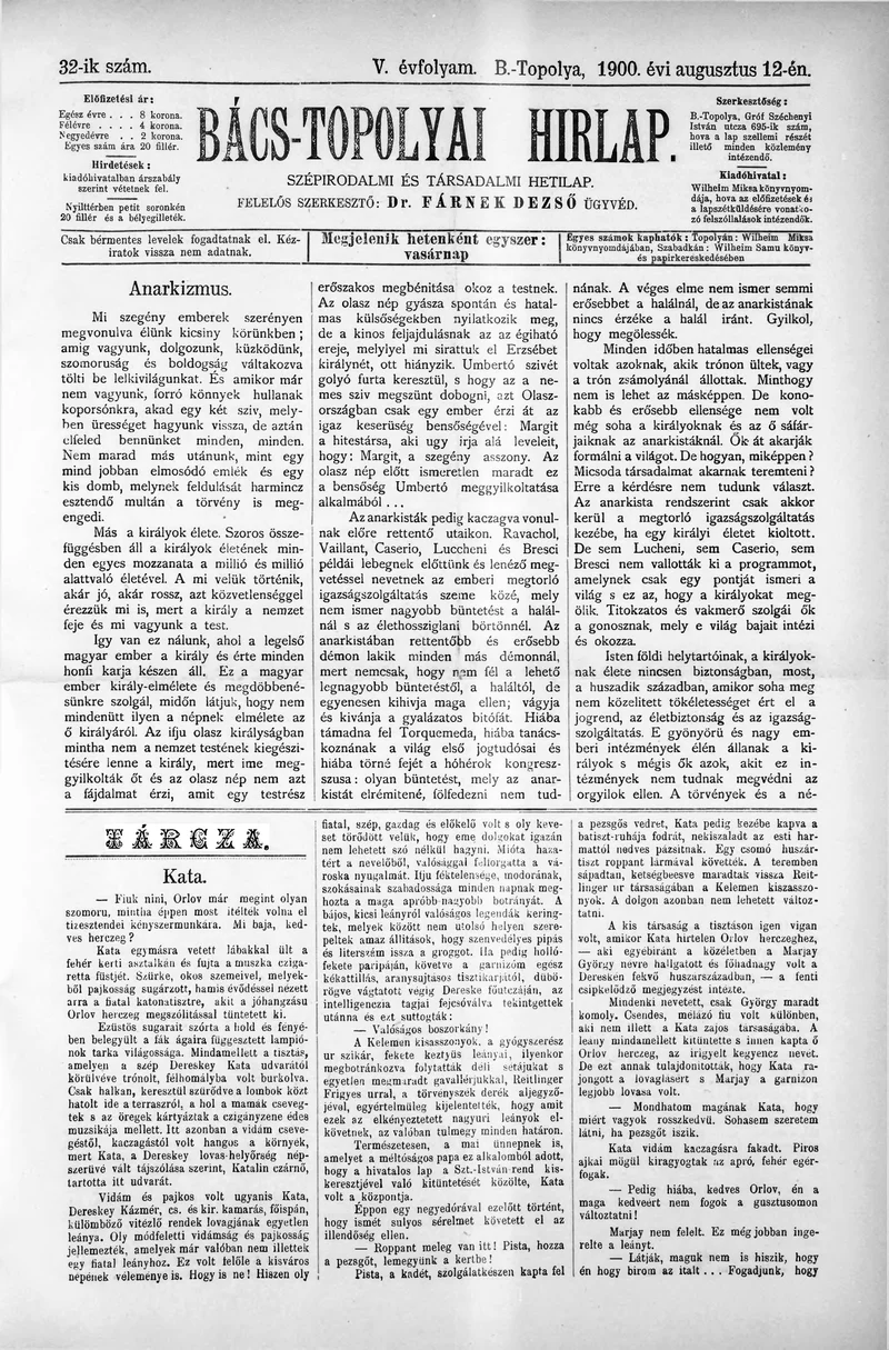 Bács-Topolyai Hirlap, 5. évf. 1900. augusztus 12. 32. sz.