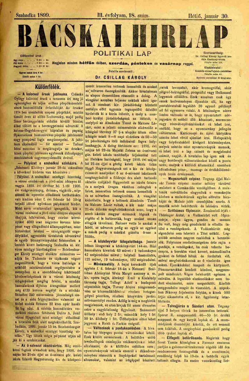 Bácskai Hirlap, 3. évf. 1899. január 30. 18. sz.