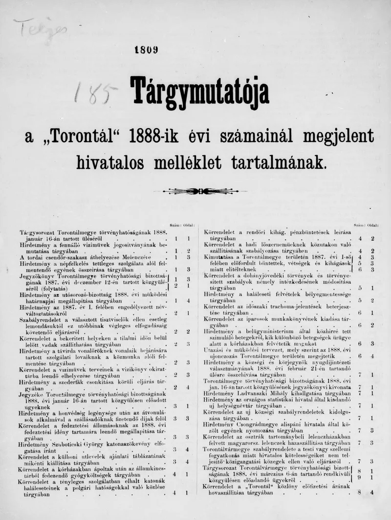 A Totontál  hivatalos melléklete, 1. évf. 1888. december 27. Tárgymutató