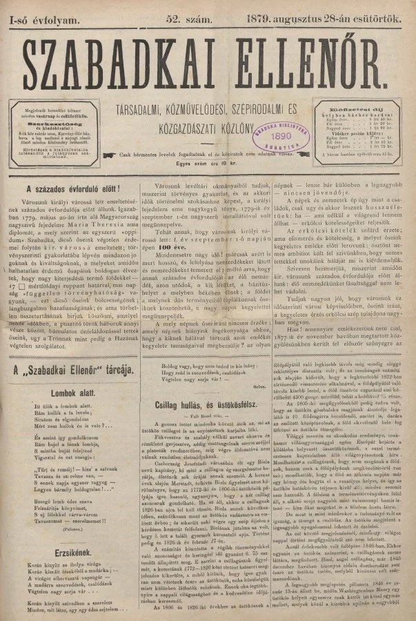 Szabadkai Ellenőr, 1. évf. 1879. augusztus 28. 52. sz.