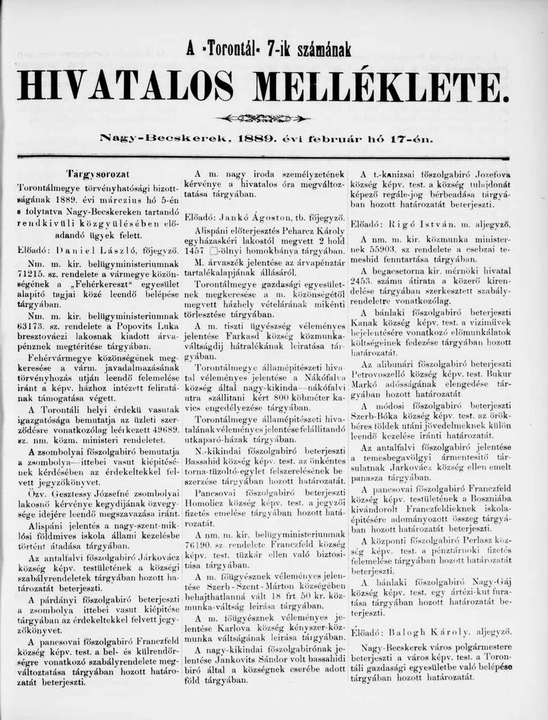 A Totontál  hivatalos melléklete, 2. évf. 1889. február 17. 7. sz.