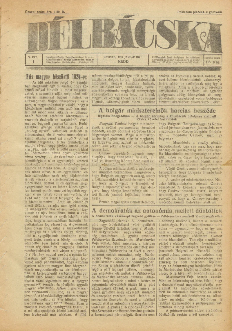 Délbácska, 5. évf. 1924. január 1. 1. sz.