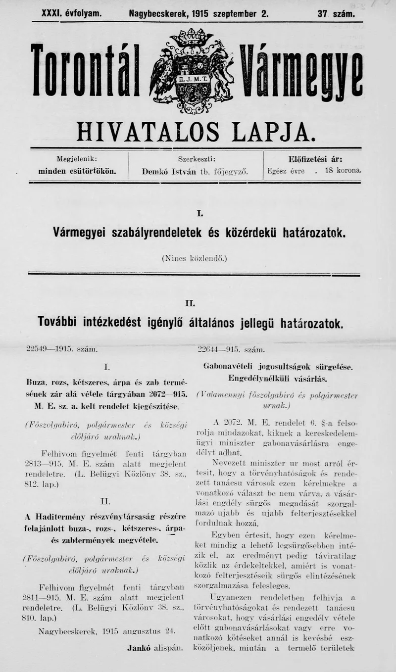 Torontál Vármegye Hivatalos Lapja, 31. évf. 1915. szeptember 2. 37. sz.