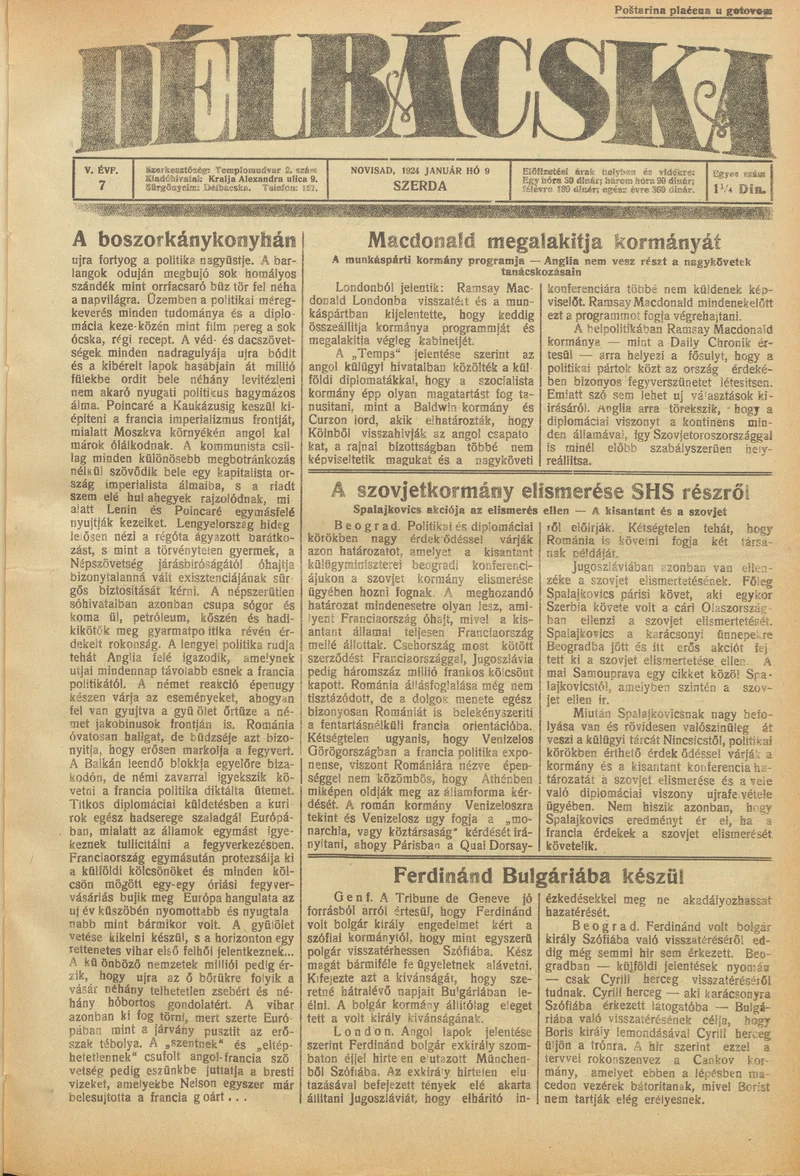 Délbácska, 5. évf. 1924. január 9. 7. sz.