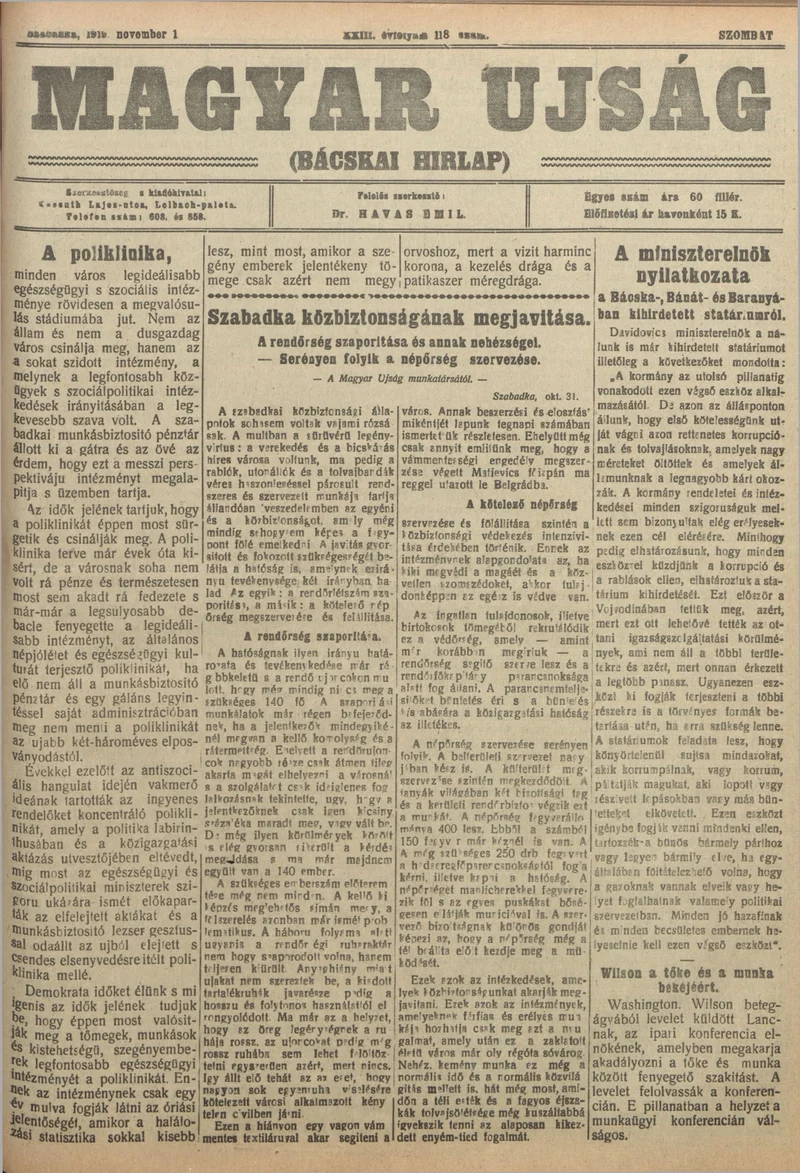 Bácskai Hirlap, 23. évf. 1919. november 1. 118. sz.