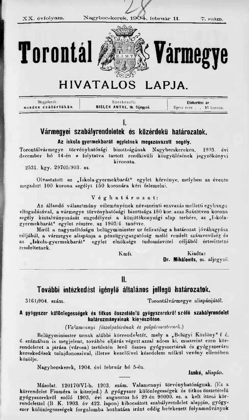 Torontál Vármegye Hivatalos Lapja, 20. évf. 1904. február 11. 7. sz.