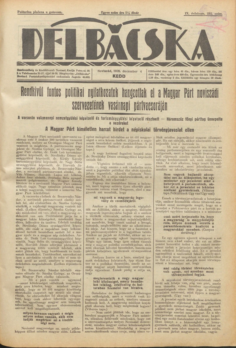 Délbácska, 9. évf. 1928. december 4. 282. sz.