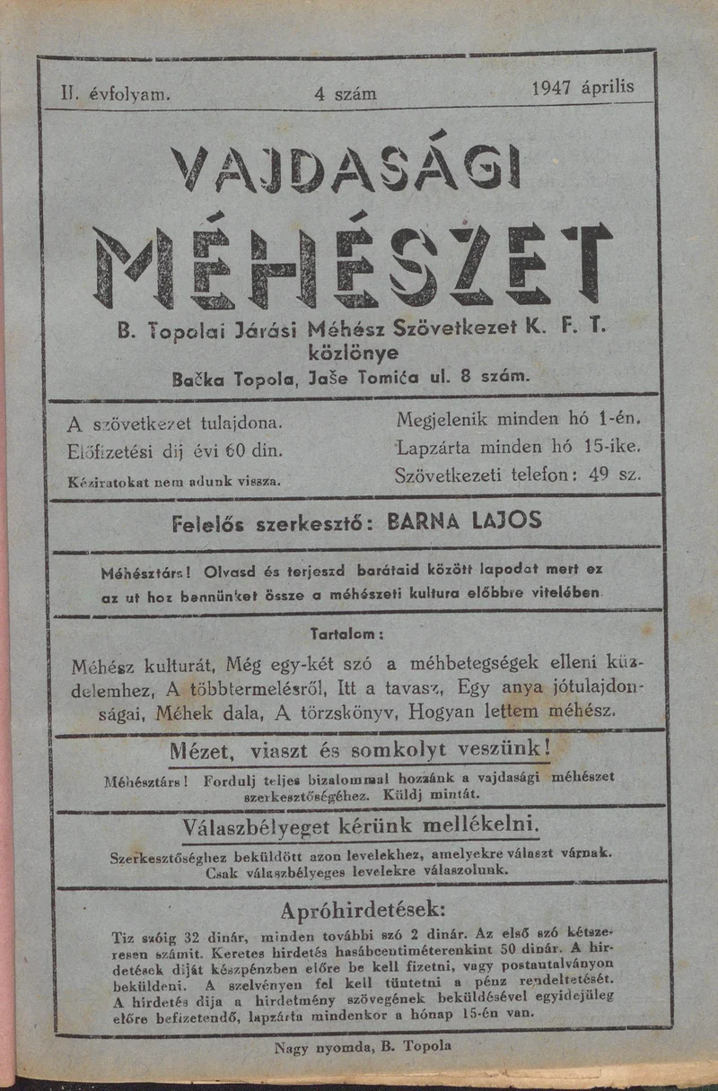 Vajdasági méhészet Bácska Topolya, 2. évf. 1947. április 1. 4. sz.