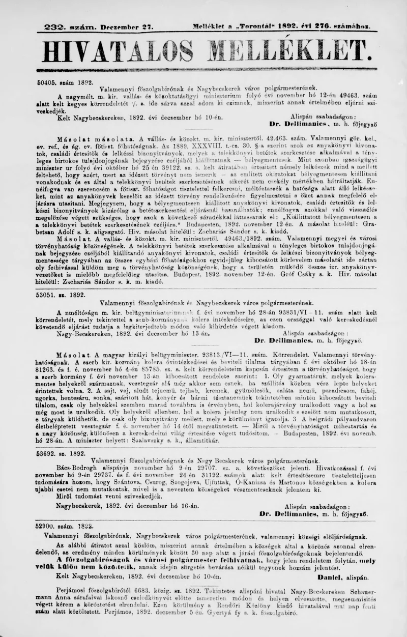 A Totontál  hivatalos melléklete, 5. évf. 1892. december 27. 232. sz.