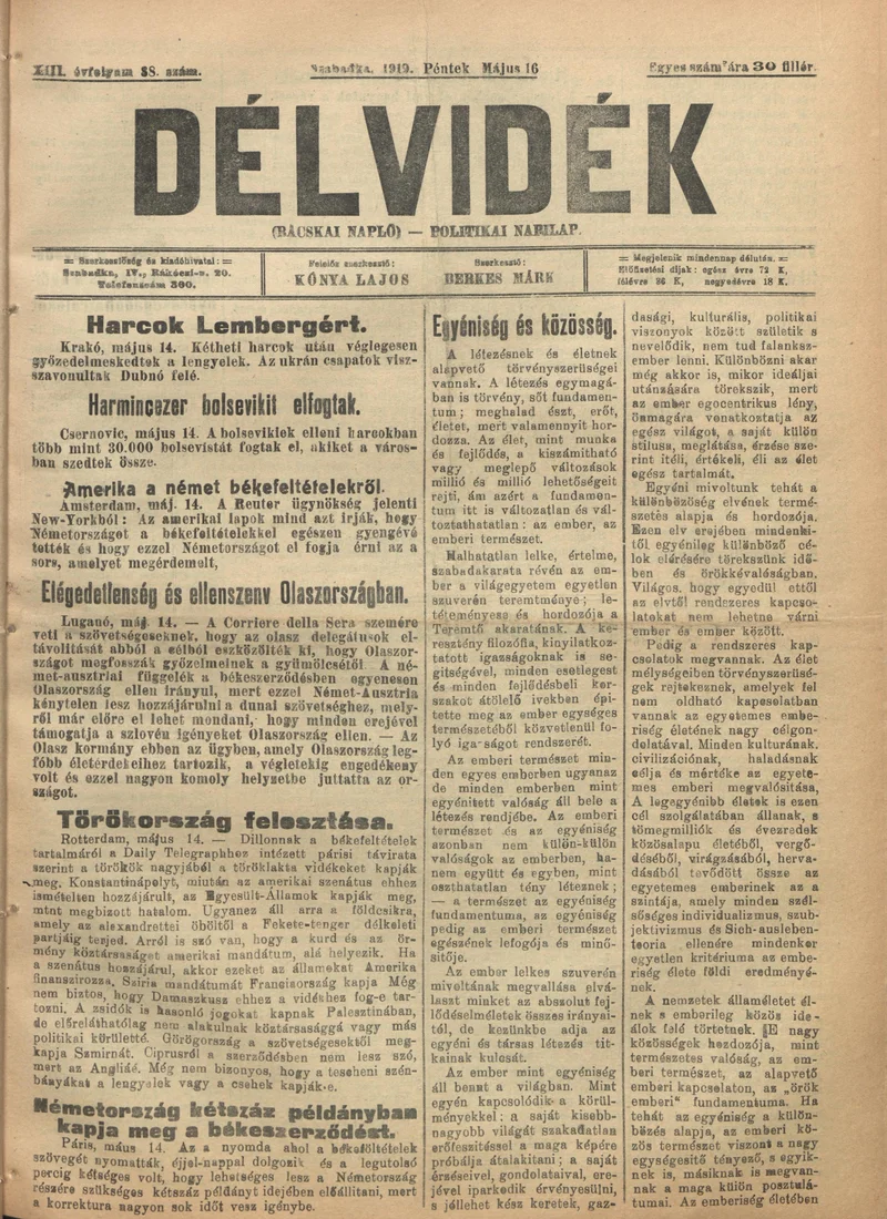 Délvidék, 13. évf. 1919. május 16. 88. sz.